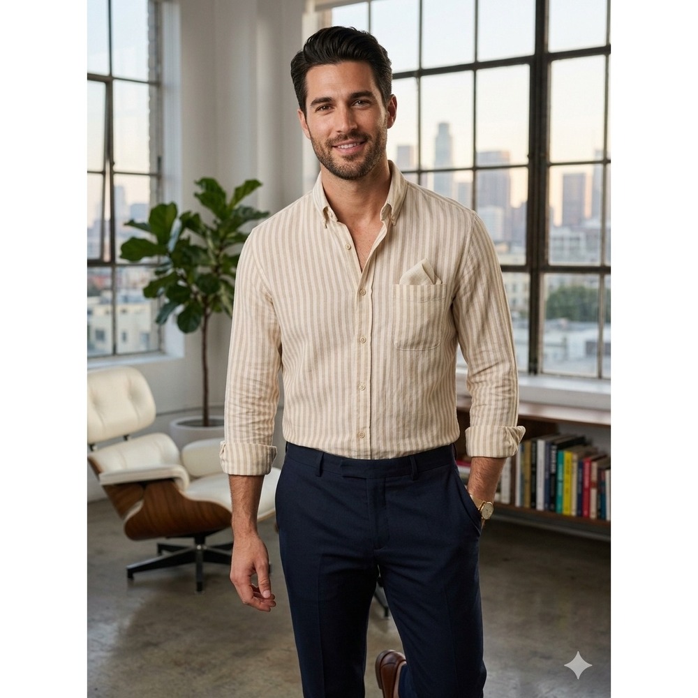 Taylor Stitch The Jack Shirt Mens 40 Tan White Vertical Stripe Organic Cotton